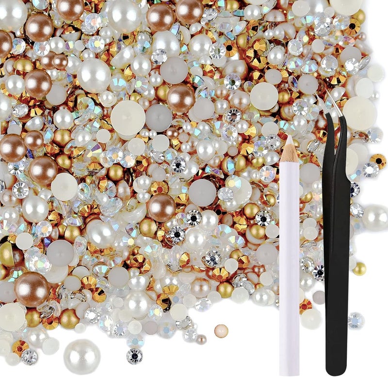 ASTARON 50g Mix Flatback Rhinestones Half Pearls for Craft Mixed Size 3mm-10mm Flat Back Rhinestones for Crafts Flatback Pearls for DIY Tumblers Mugs Nail Art Shoes Clothes (Champagne Gold Series) - Image 1